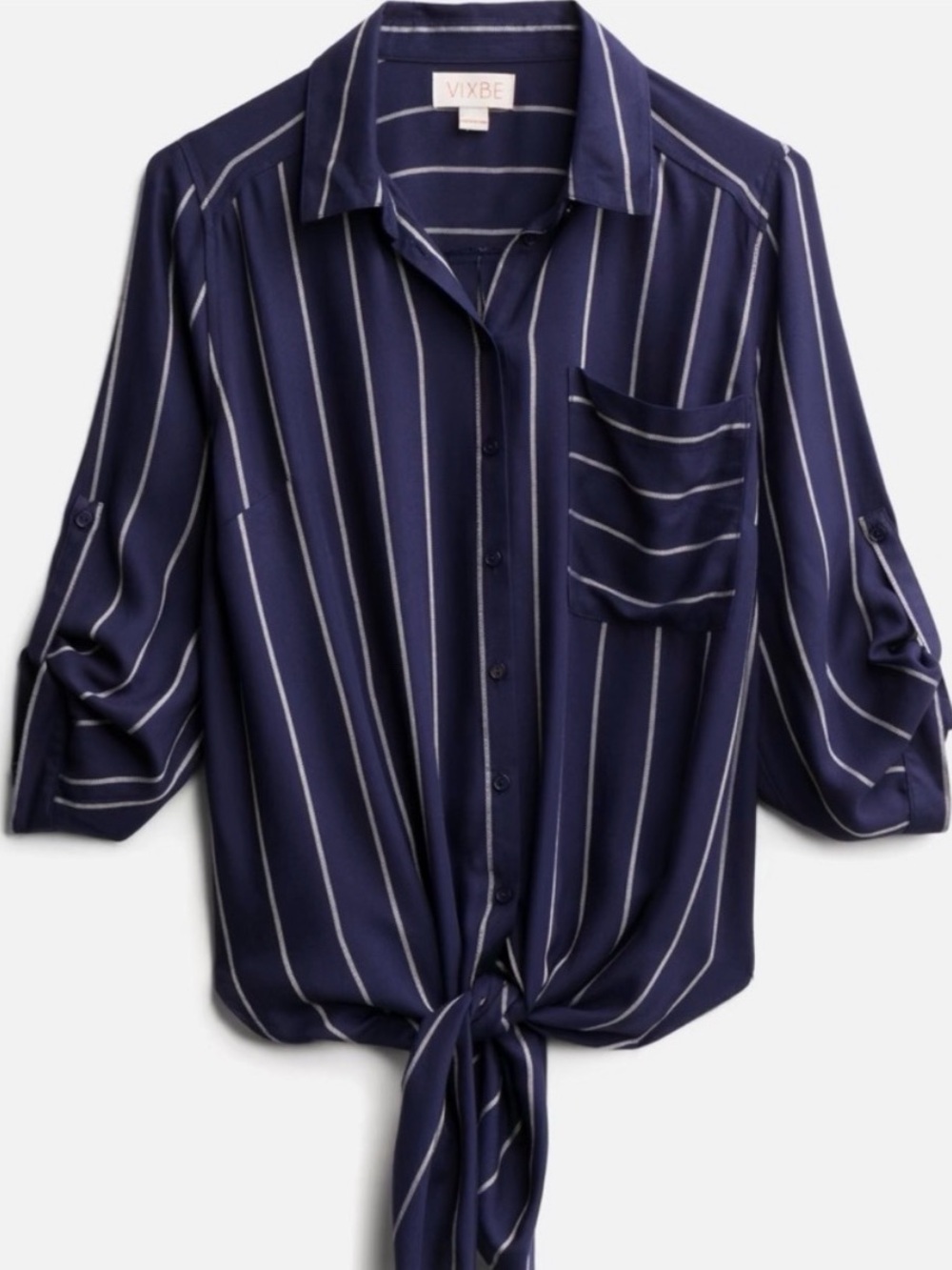 Vixbe ’Casiana’ Navy Vertical-Stripe Button-Front Tie Hem Shirt